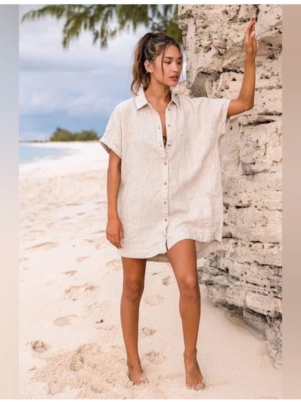 Rhythm Classics Beige Linen Blend Shirt Dress Womens M Coastal Lagenlook Preppy
